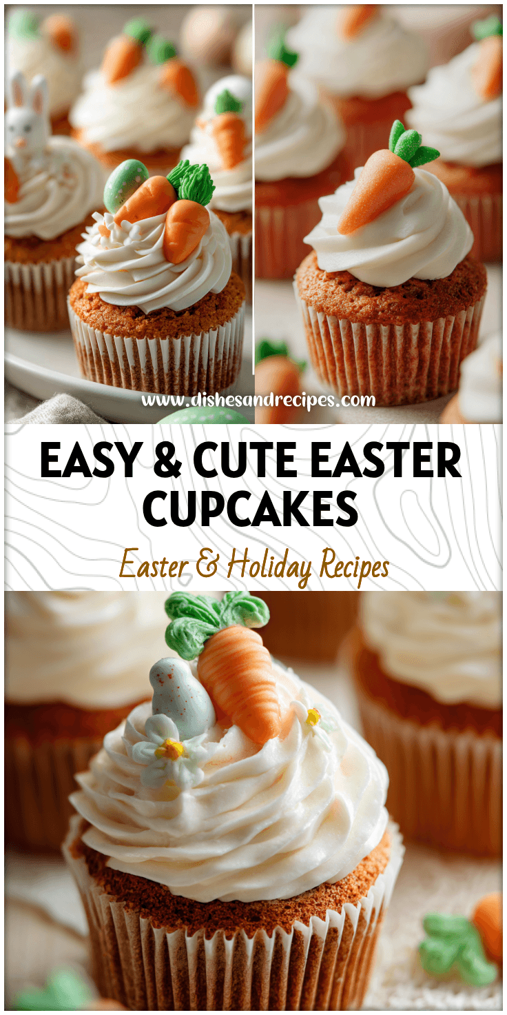 Cute Easter Carrot Cake Cupcakes topped with simple frosting and Easter-themed decorations.